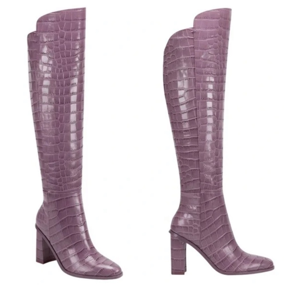 Marc Fisher Unella Knee High Boot Crocodile Embossed Leather Block Heel Berry 7